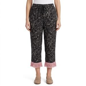 Vintage Black White Line Drawing Pink Tassel Capri Pants Size L Drawstring Waist